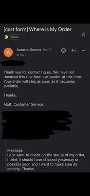 Another confirmation from a different person that my order will be shipped to me