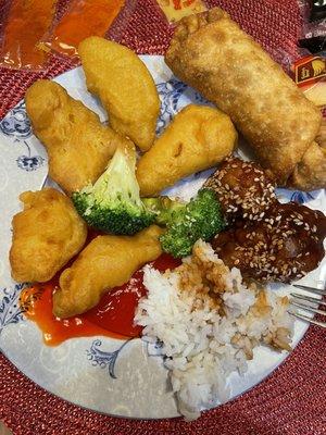 A little bit of everything. Sweet and sour chicken with broccoli, sesame chicken, egg roll, and white steamed rice. Very delicious!