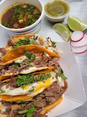 Our Delicious Birria Beef tacos with consomme dipping broth