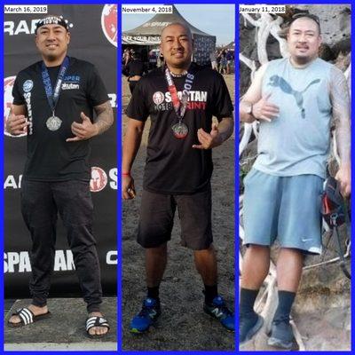 (Right) Beginning of 2018, 212lbs (Middle) First Spartan Sprint Race, 175lbs (Left) Spartan Super, 164lbs