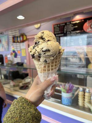 Coffee cookies and cream in a waffle cone