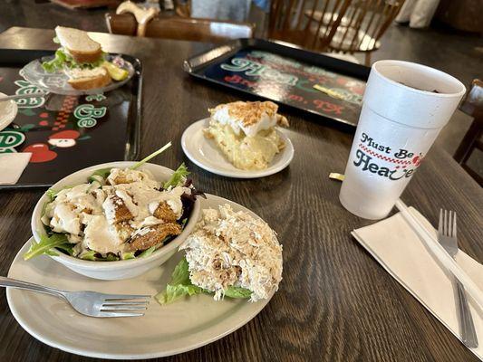 Caesar salad, chicken salad stuffed avocado, and coconut crème pie