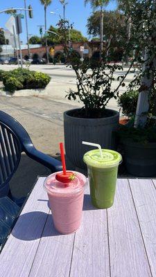 Strawberry banana smoothie and green juice