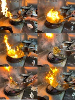 Flambé galore in action for all that wok hay!