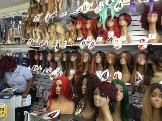 All different types of various wigs to choose from.