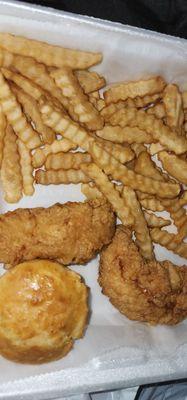 2 tenders,unseasoned fries,dry biscuit.