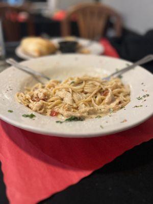 Carbonara with bacon encrusted chicken of the freaking gods. Also that's half finished; and I'm 6ft4 275lbs of eat a lot.