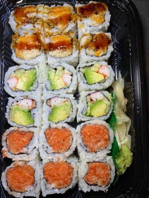 From top to bottom: sweet potato roll, California roll, spicy tuna roll