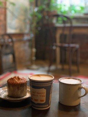 Coffee and blueberry muffin. The "paper cup" is actually ceramic!