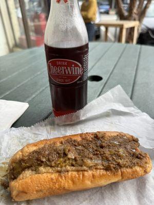 Cheese dog with homemade chili and a cheerwine in a bottle.  #heaven