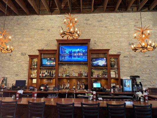 Nice bar with hand crafted shelves.