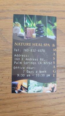 Natural Heal Spa & Massage business card.