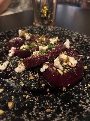 Beets with goat cheese and pistachios