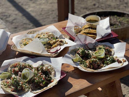 Asada (Sirloin), Walla Walla (chicken with pineapples), Poerk in Adobo, taco de birria.