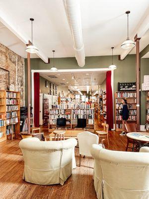 The back of the bookstore features lots of seating and a large space for bookclubs and author readings