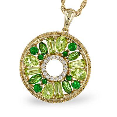 This multi-shaped gemstone pendant is sweet and colorful. Scatterings of fresh Peridots & savory Tsavorites are framed in 14k & diamonds.