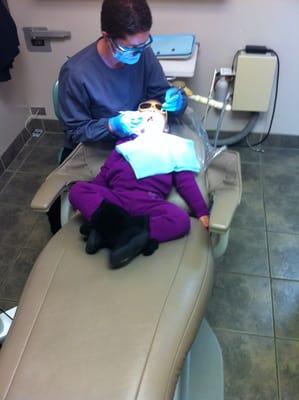 My daughter getting her teeth cleaned by Jordan the Hygenist she is amazing with kids!!