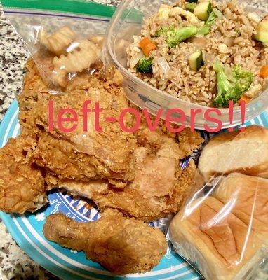 Dinner rolls, Veggie Fried Rice, French Fries, Mixed Bucket Chicken Dinner