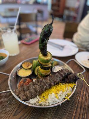 Beef Kabob Tower Lunch ($16.99) we got the white rice and grilled veggies as our 2 sides.