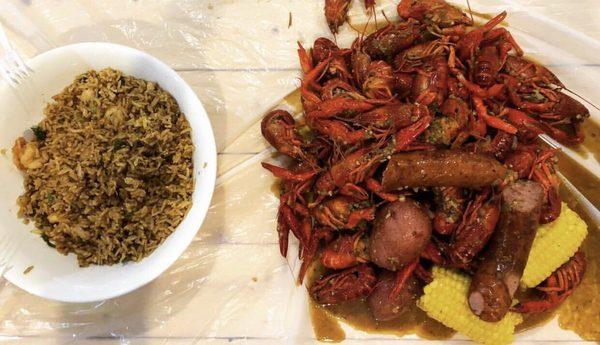 Crawfish, sausage, and dirty rice