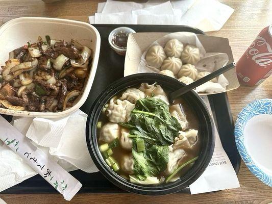 Mongolian beef, wonton soup, XLB soup dumplings