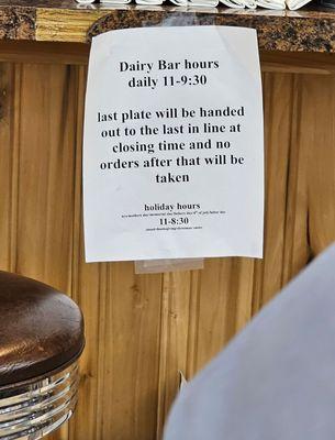 Hours of the Dairy Bar and a sign to order early