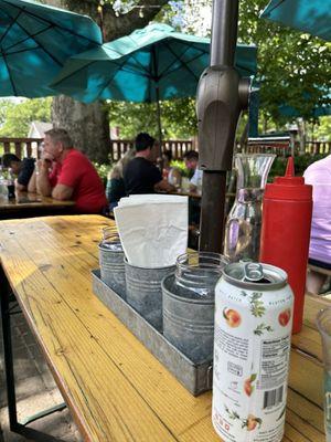 Patio area with a peach cider!