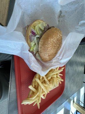 Hamburger and fries.