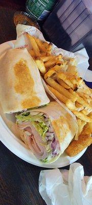 Turkey Wrap with onions and cheese fries