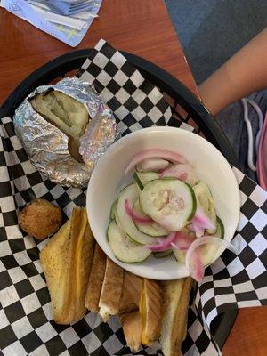 Kids grilled cheese, baked potato, with sweet cucumber salad.