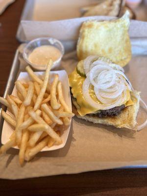 Double Cheeseburger & cheese fries with cheese on side