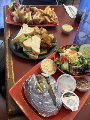 The avalanche sandwich with fries La conte sandwich with chips Salad and baked potato