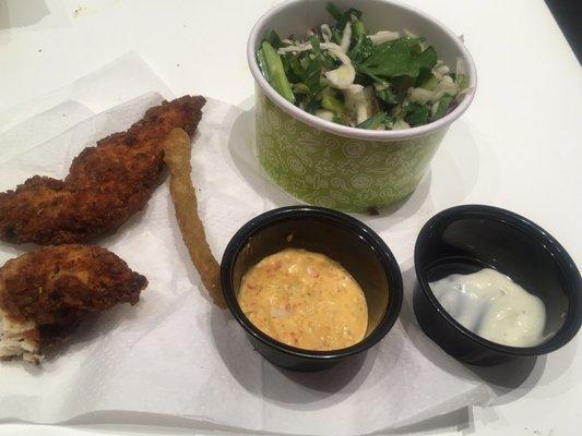 Chicken tenders, spicy sauce, ranch dressing, slaw, green bean fry