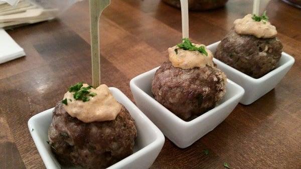 Lamb meatballs with smoky yogurt.