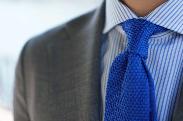 Grey Open Weave Sport Coat with Royal Blue Silk Knit Tie