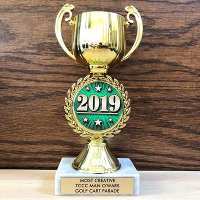 The most creative trophy that we won for the 2019 Triple Crown Country Club Man O' Wars golf cart parade for our Mexican themed golf cart!