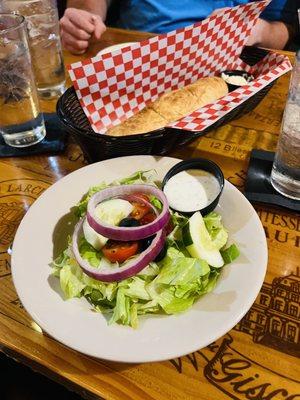 House salad with Ranch dressing $3.99 and fresh bread.