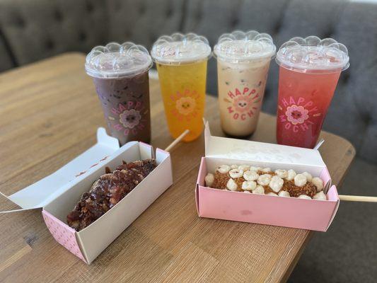 Ube Coffee, Passionfruitea, Happy Mochi, Very Strawberry Fruittea, Western Mochi dog, Signature Mochi dog