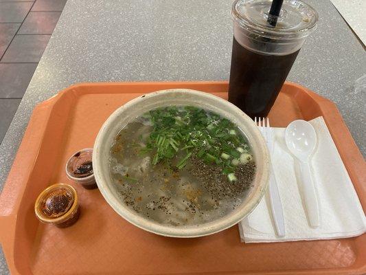 Chicken noodle soup and what is supposed to be "Watermelon green tea with boba"