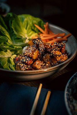 "Burnt Ends" Lettuce Wrap beef belly, spiced honey glaze, carrots, bibb lettuce