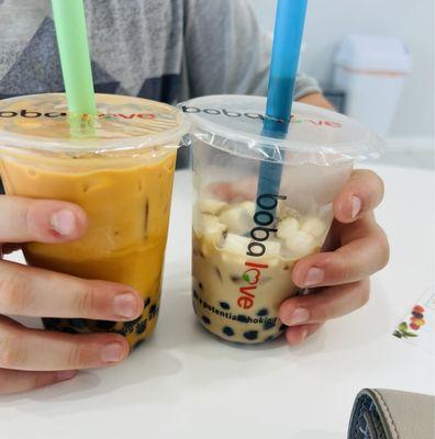 Thai tea and toasted marshmallow boba tea. There were real toasted marshmallows on top!