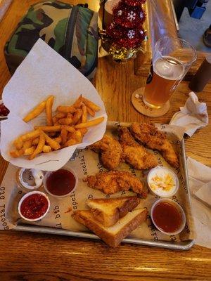 Chicken tendies, salt and vinegar fries and sauce!