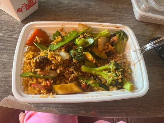 Mixed veggies with kung pao sauce combo and pork fried rice