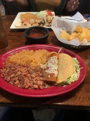 Combo 6. One Taco, 1 Enchilada, Rice and Re-Fried Beans Combo