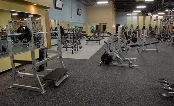 Our expansive weight-room floor includes the highest quality weights for all strength-training.