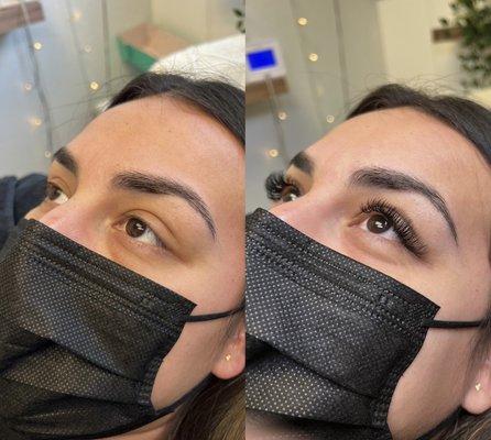 Before and after hybrid lash extensions