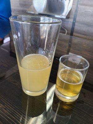 The Yellow Helmet Hefeweizen on the left and the Low Bridge Pale Ale on the right