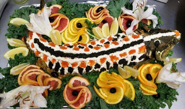 Sturgeon Fish for my Party!!! Decorated with Red and Black Caviar!!! Fancy AF!