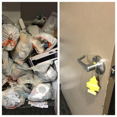 trash room over flowing with trash