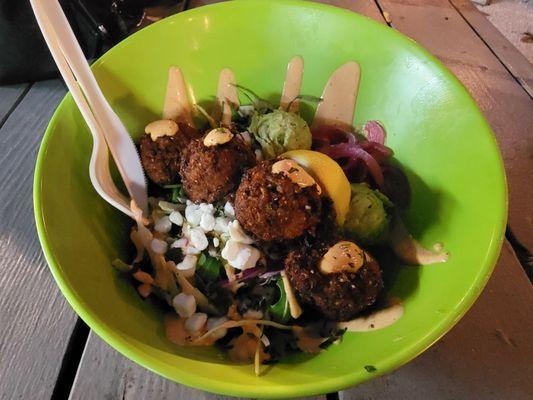 The Goods Bowl with Sweet Potato/Quinoa Fritters